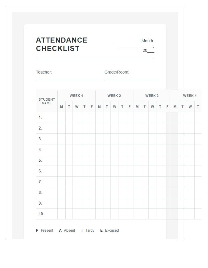 Elementary Student Attendance Printable Checklist Chart