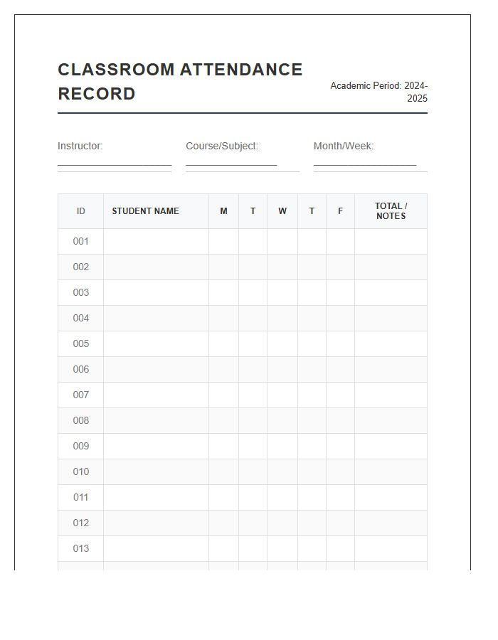 Formal Classroom Attendance Record Printable Chart