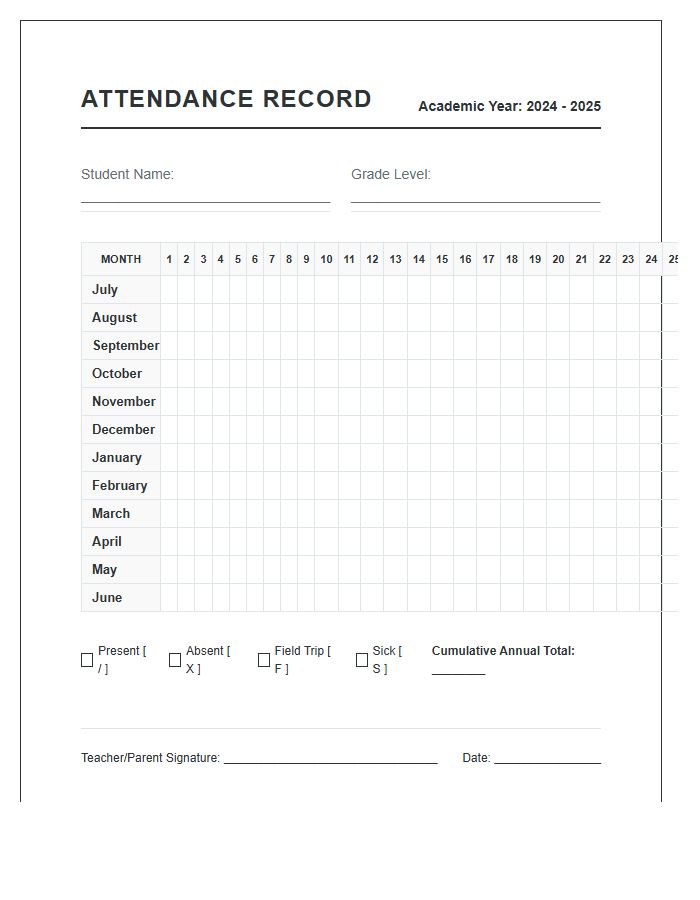 Homeschool Student Attendance Printable Record Chart