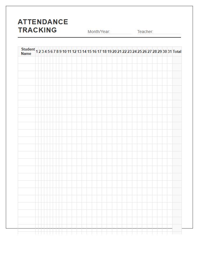 Monthly Classroom Attendance Printable Tracking Chart