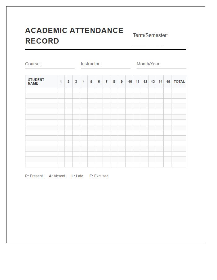 Printable Academic Attendance Record Keeping Chart