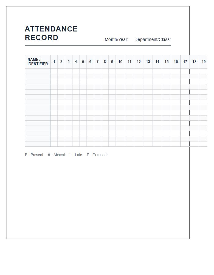 Printable Attendance Management Record Keeping Chart