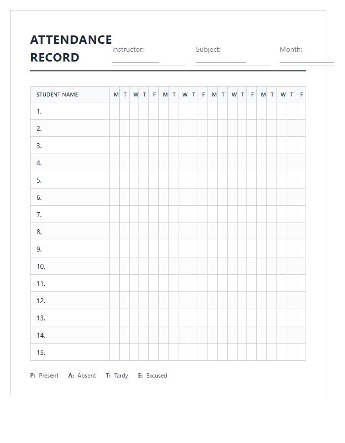 Printable Classroom Attendance Record Keeping Chart