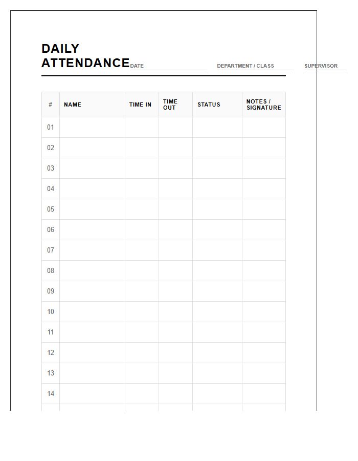 Printable Daily Attendance Record Keeping Chart