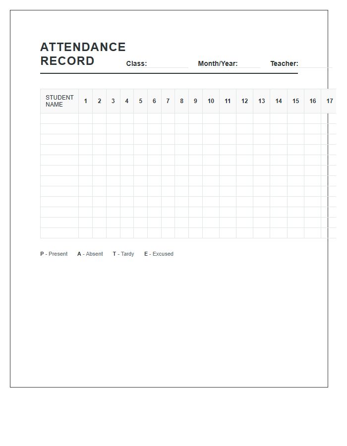 Printable Education Attendance Record Keeping Chart