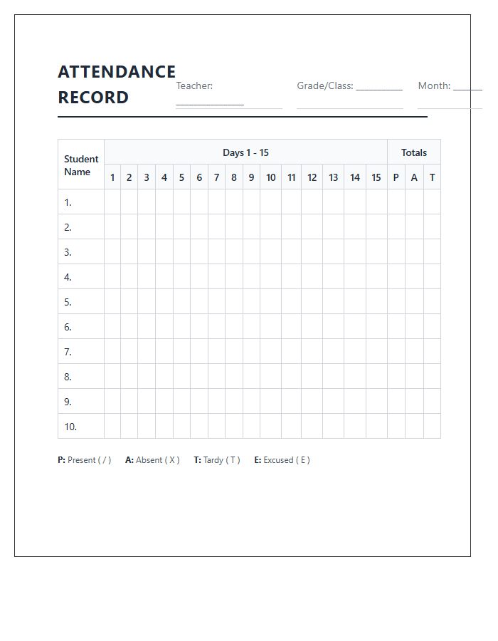 Printable School Attendance Record Keeping Chart