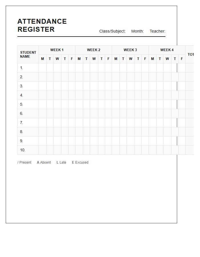 Printable Secondary School Attendance Keeping Chart