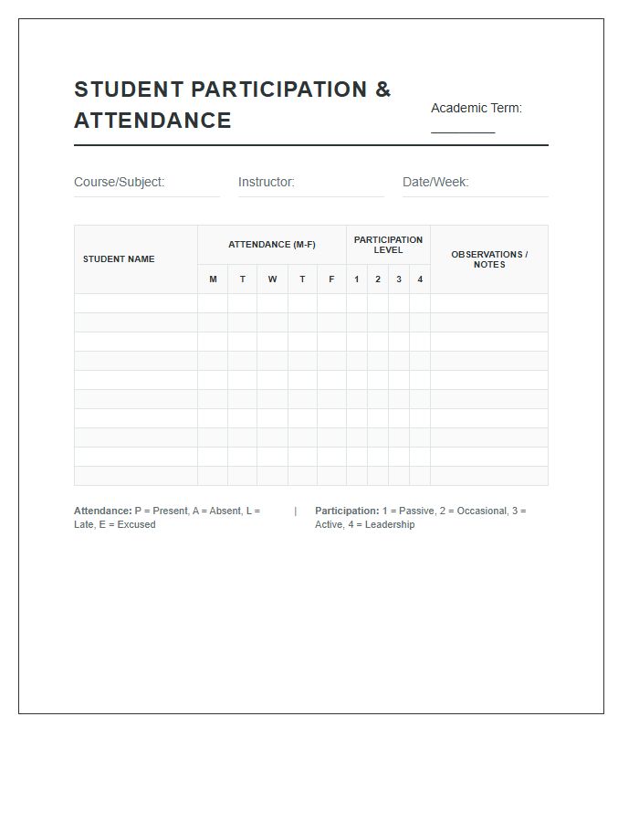 Printable Student Participation Attendance Record Chart