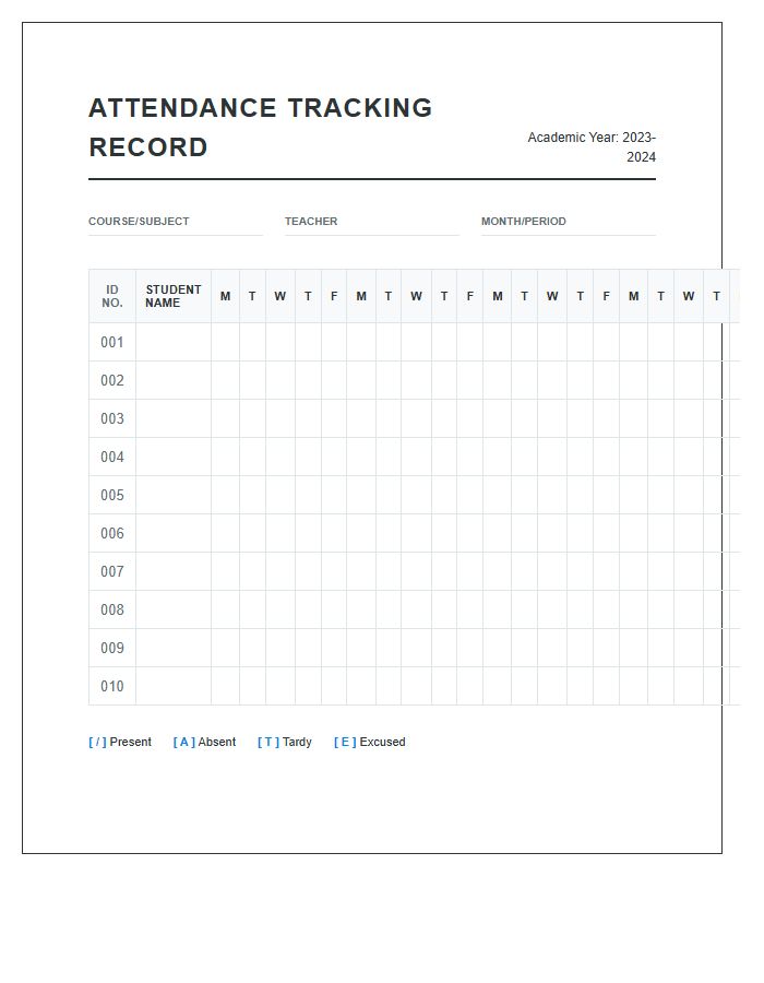 Professional Teacher Attendance Tracking Printable Chart