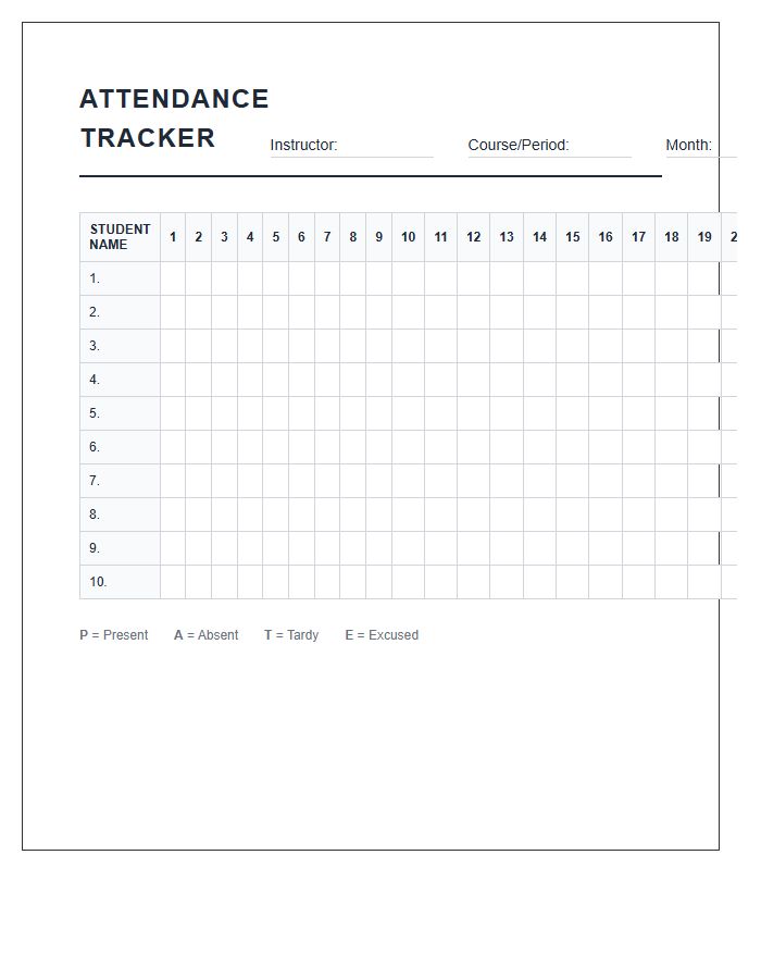 Standard Classroom Attendance Tracking Printable Chart