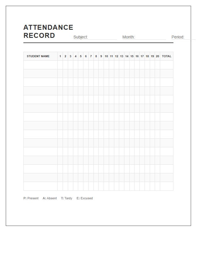 Teacher Record Keeping Printable Attendance Chart