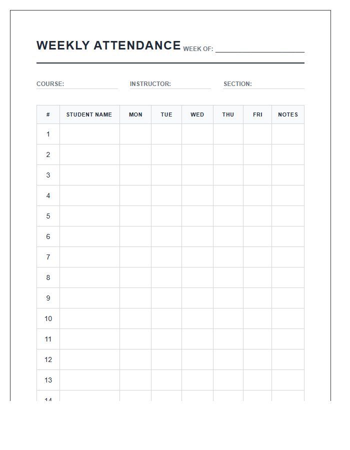 Weekly Student Attendance Monitoring Printable Chart