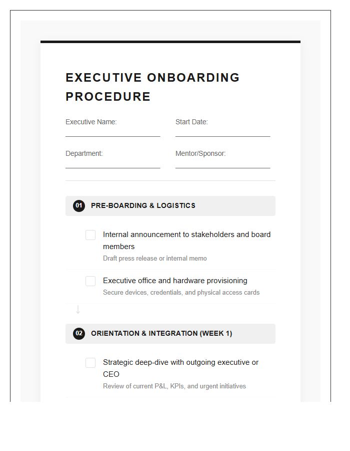 Executive Onboarding Procedure Flow Chart Checklist Printable