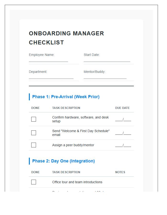 Manager Guide For New Employee Onboarding Chart Checklist Printable
