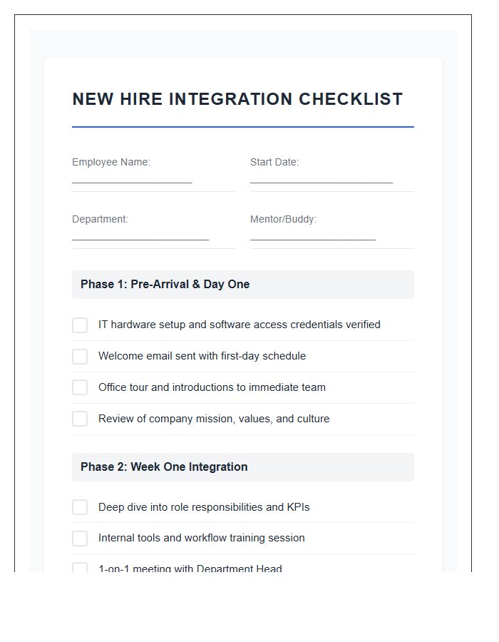 New Hire Integration Steps Printable Process Chart Checklist