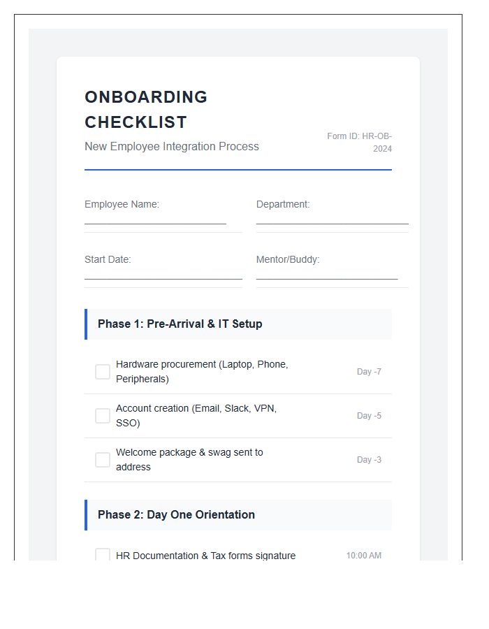Printable Corporate New Employee Onboarding Process Chart Checklist