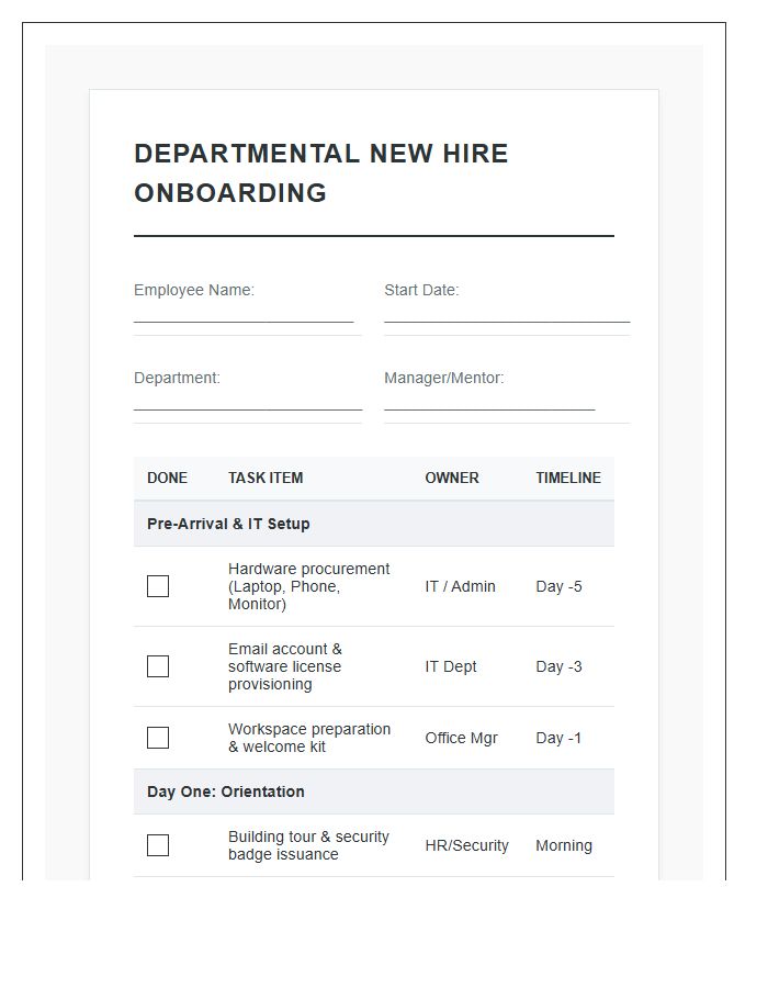 Printable Departmental New Hire Onboarding Chart Checklist