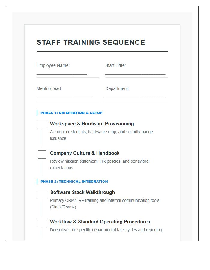 Printable New Staff Training Sequence Flow Chart Checklist