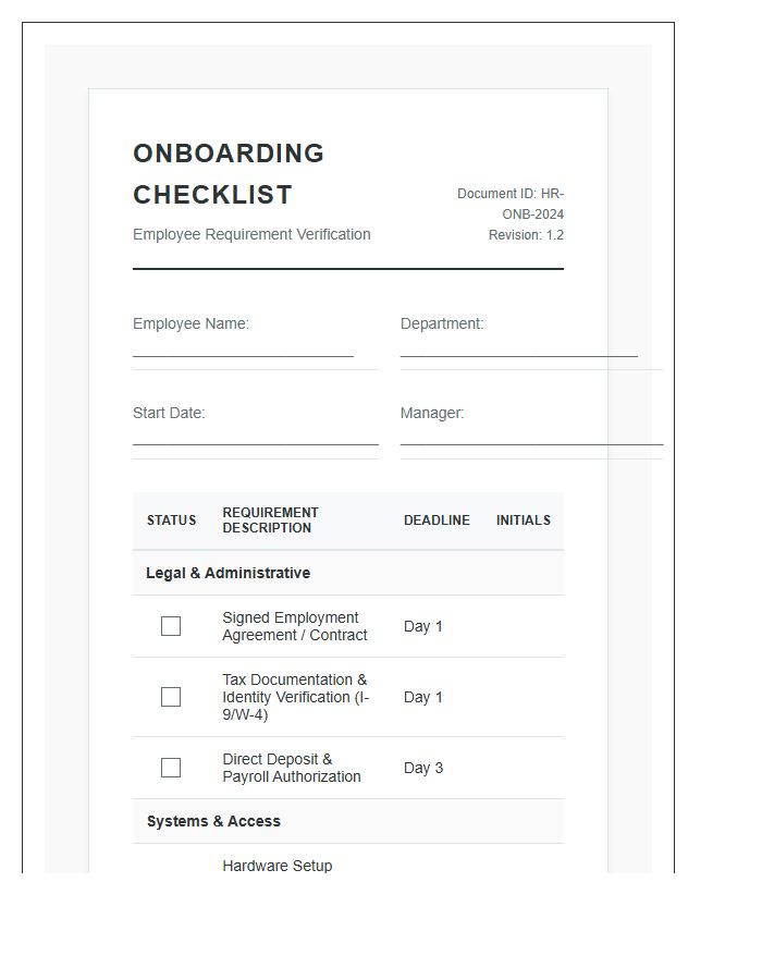 Printable Organizational Onboarding Requirements Chart Checklist
