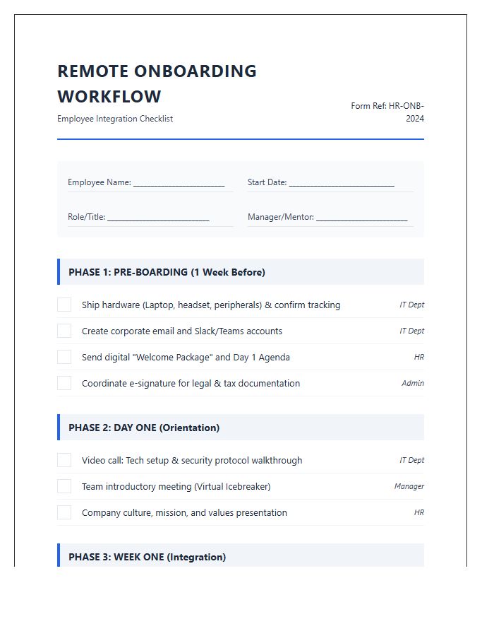 Printable Remote Employee Onboarding Workflow Chart Checklist