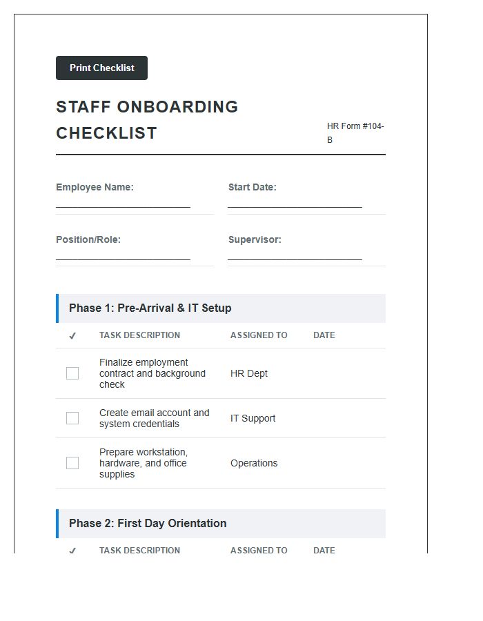 Printable Staff Onboarding Workflow And Checklist Chart