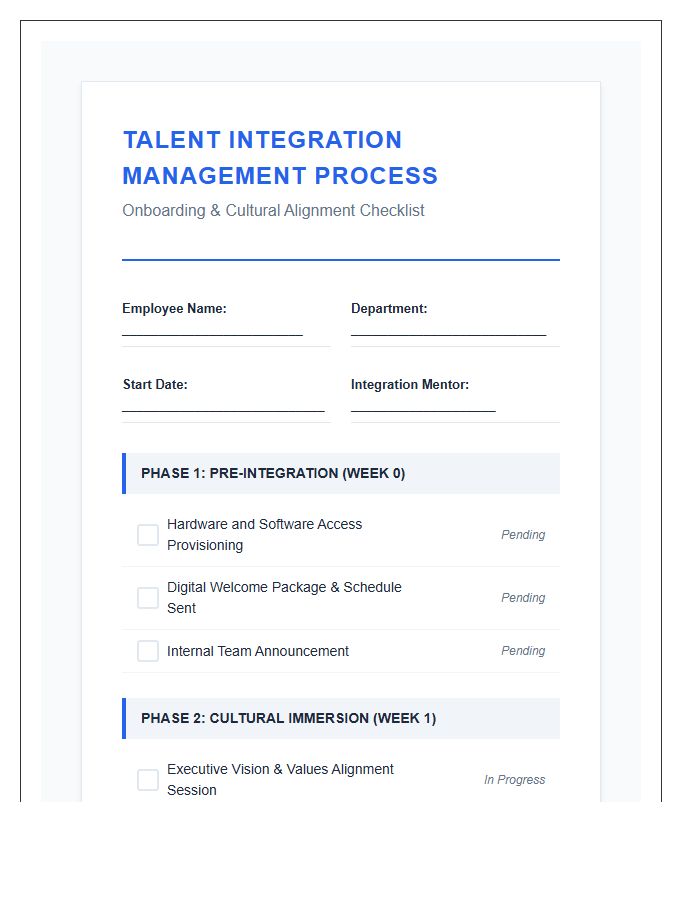Printable Talent Integration Management Process Chart Checklist