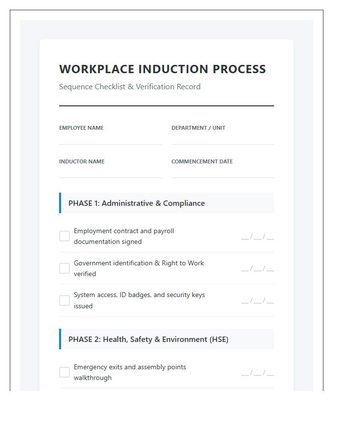 Printable Workplace Induction Sequence Process Chart Checklist