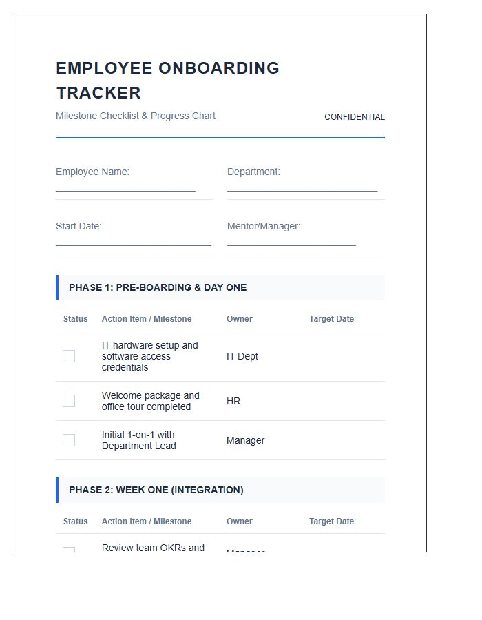 Professional Onboarding Milestone Tracking Chart Checklist Printable