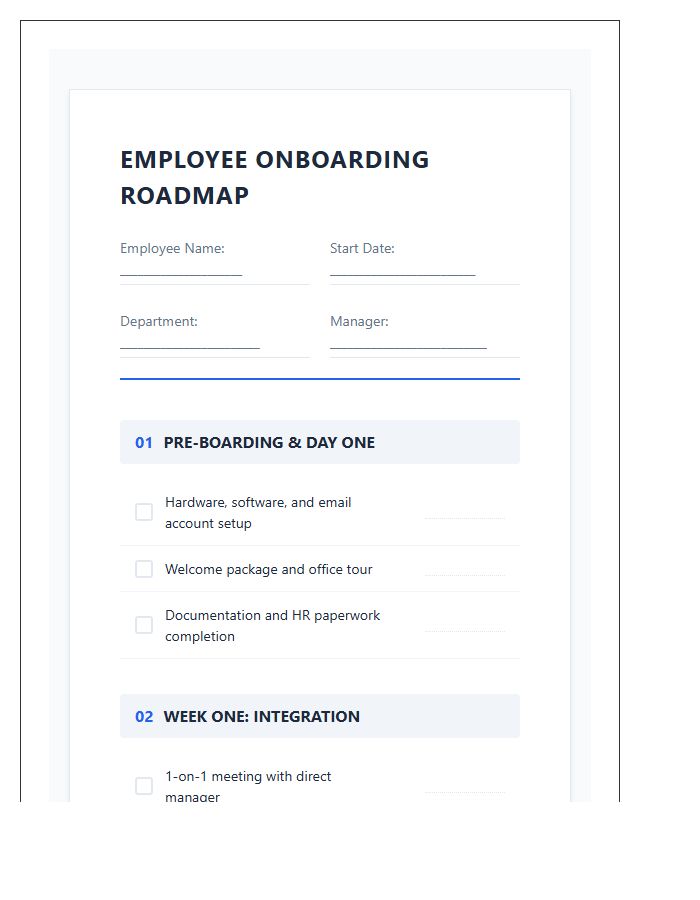 Structured Employee Onboarding Roadmap Chart Checklist Printable