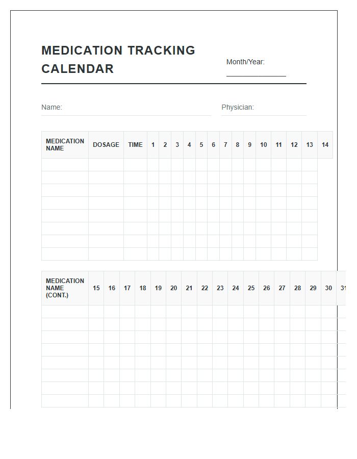 At Home Medication Tracking Calendar Chart Printable