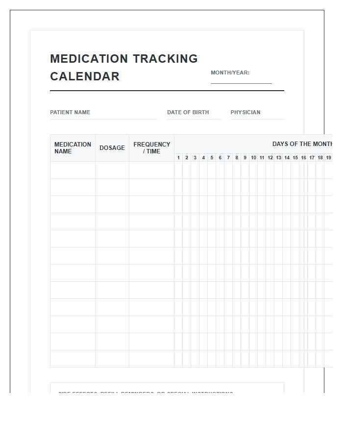 Comprehensive Medication Tracking Calendar Chart Printable