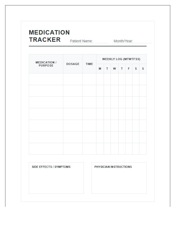 Family Healthcare Medication Tracking Calendar Chart Printable