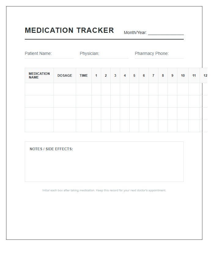 Patient Medication Tracking Calendar Chart Printable