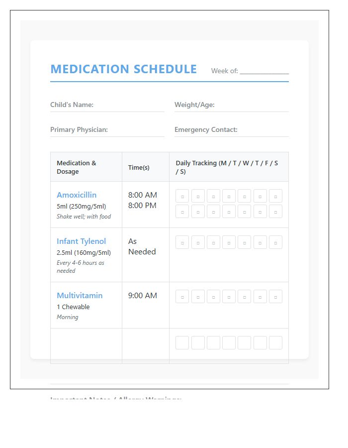 Pediatric Medication Schedule Chart Printable Calendar