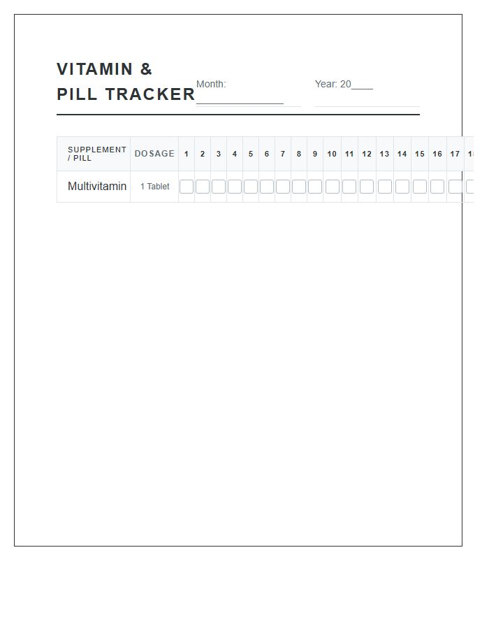 Vitamin And Pill Tracking Calendar Chart Printable