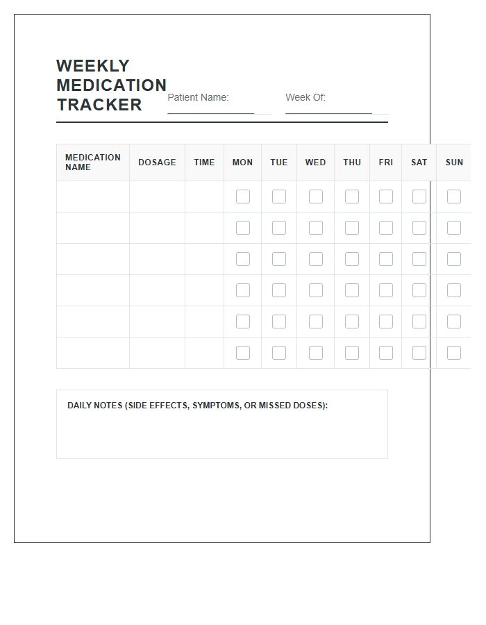 Weekly Medication Tracking Calendar Chart Printable
