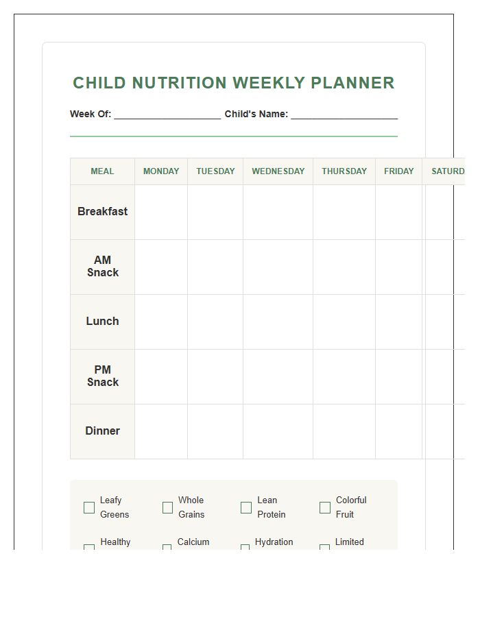 Child Nutrition Printable Healthy Meal Planning Chart