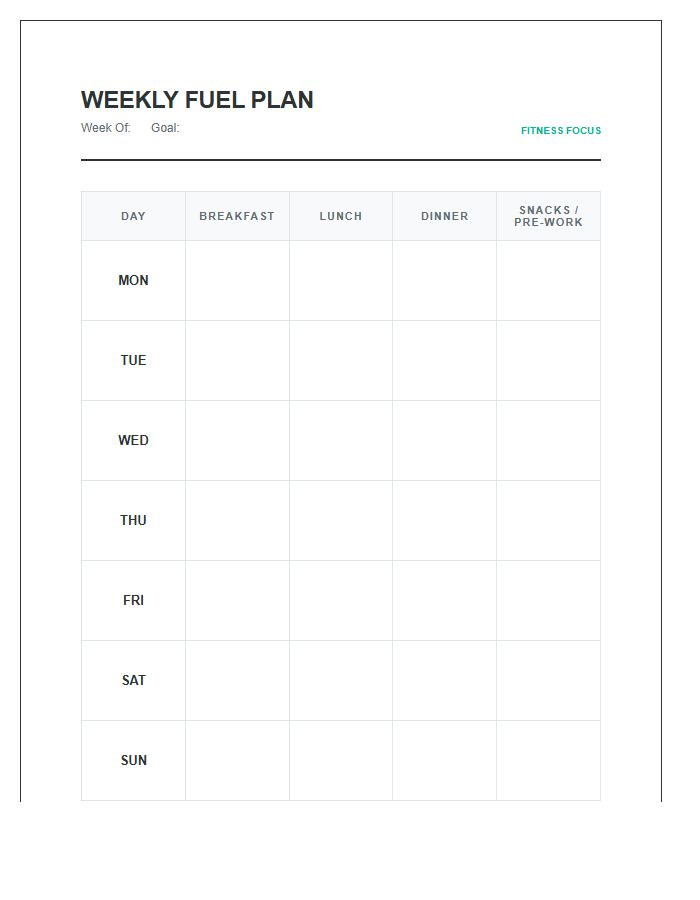Fitness Focused Printable Healthy Meal Planning Chart