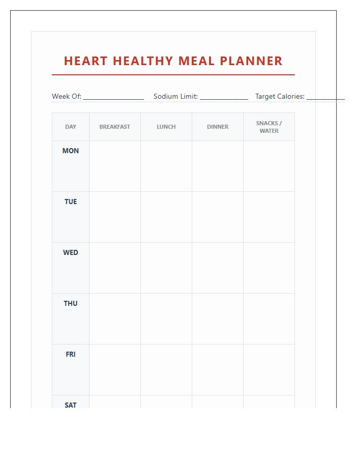 Heart Healthy Printable Nutrition Meal Planning Chart