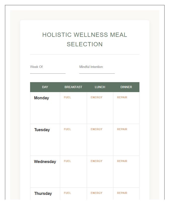 Holistic Wellness Printable Healthy Meal Selection Chart