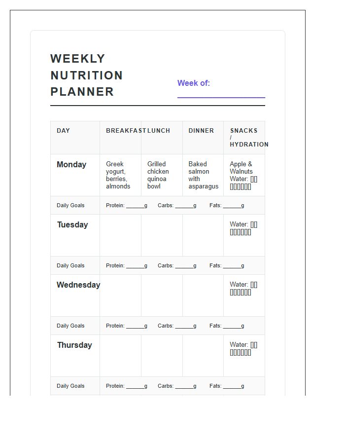 Printable Weekly Healthy Meal Planning Nutrition Chart