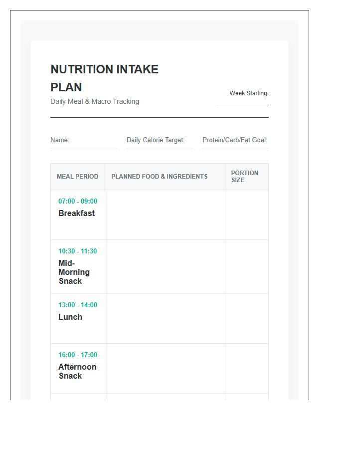 Professional Nutrition Intake Printable Meal Planning Chart