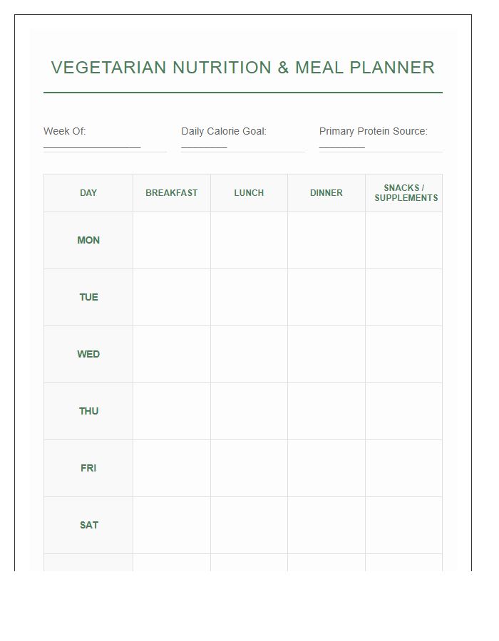 Vegetarian Lifestyle Printable Nutrition Meal Planning Chart