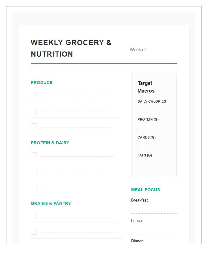 Weekly Grocery Needs Printable Nutrition Planning Chart