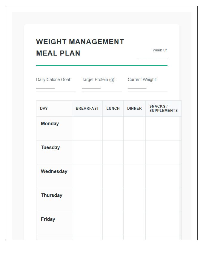 Weight Management Printable Nutrition Meal Planning Chart