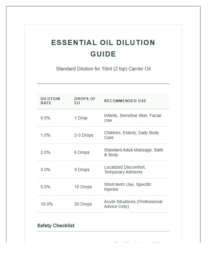 Printable Essential Oil Dilution Safety Chart Checklist