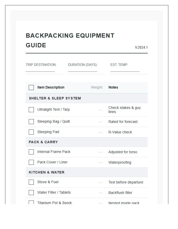 Backpacking Equipment Packing Chart Printable Guide