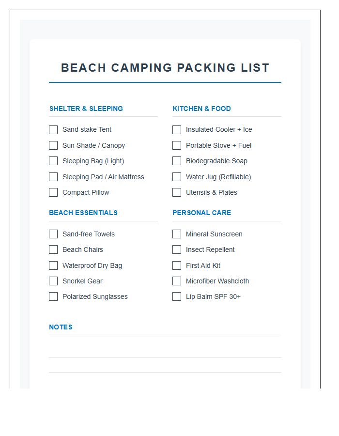 Beach Camping Gear Packing Chart Printable