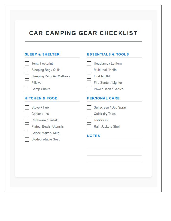 Car Camping Gear Checklist Printable Chart