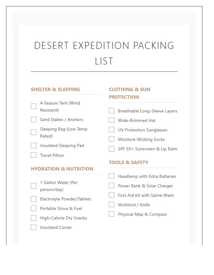 Desert Camping Equipment Packing Chart Printable